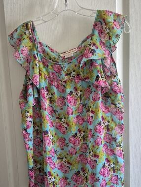 Ariat Turquoise Floral Ruffle Sleeveless Camisole with Pink Roses